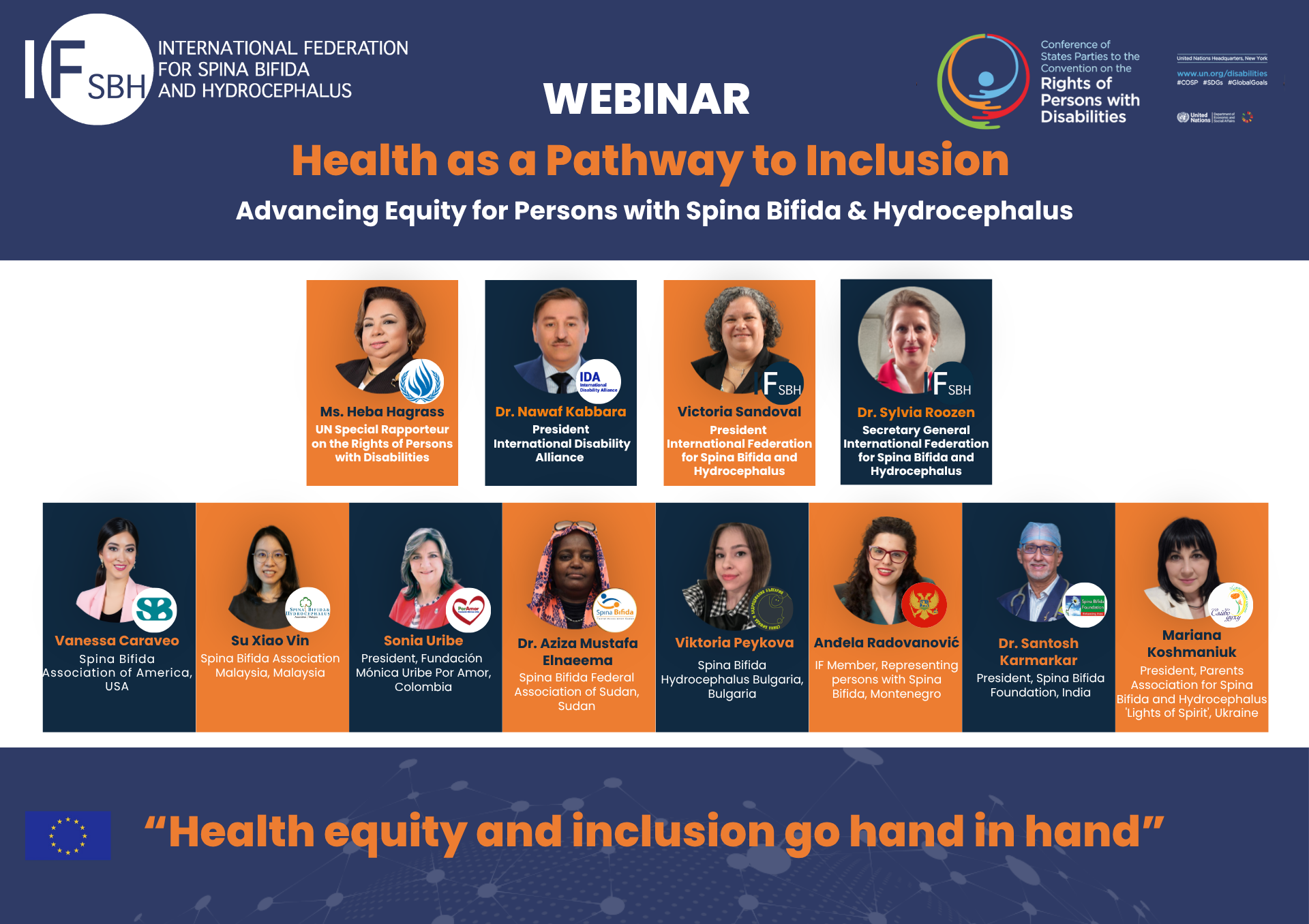 Poster of IF’s Informal COSP19 Side Event: Health as a Pathway to Inclusion with pictures of all the speakers and webinar info details