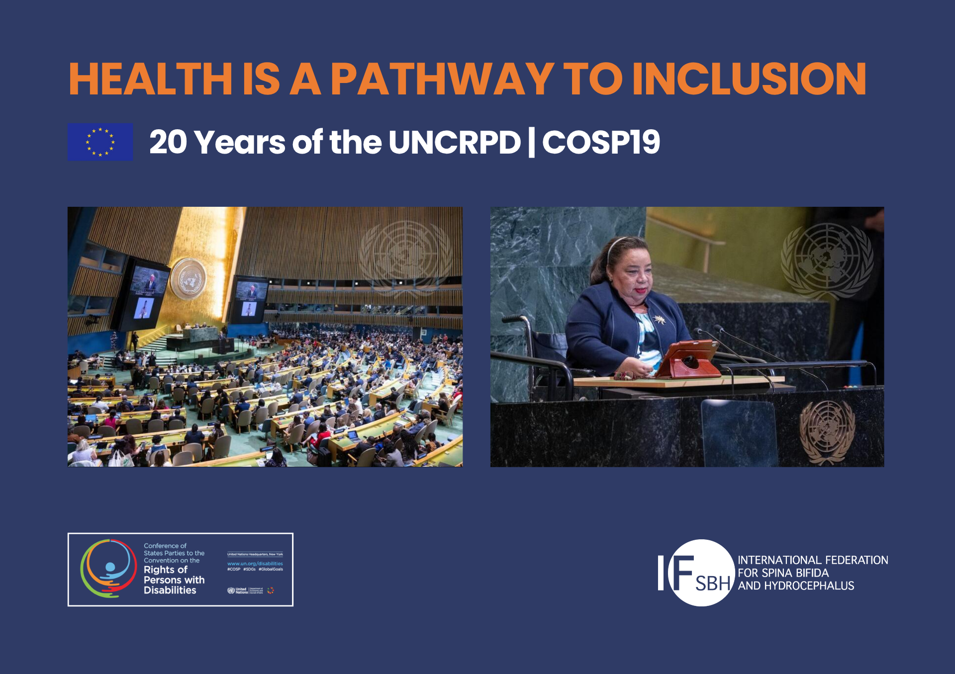 Pictures of COSP19 to illustrate Heqlth is a Pathway to Inclusion